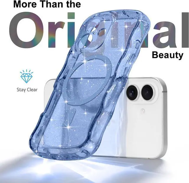 Alt view image 3 of 7 - Magnetic for iPhone 17 Case Clear Sparkly Bling Glitter Cute Curly Wave Transparent Cover for Women Girls Compatible with MagSafe TPU Shockproof Protective Phone Case for iPhone 17 Deep Blue