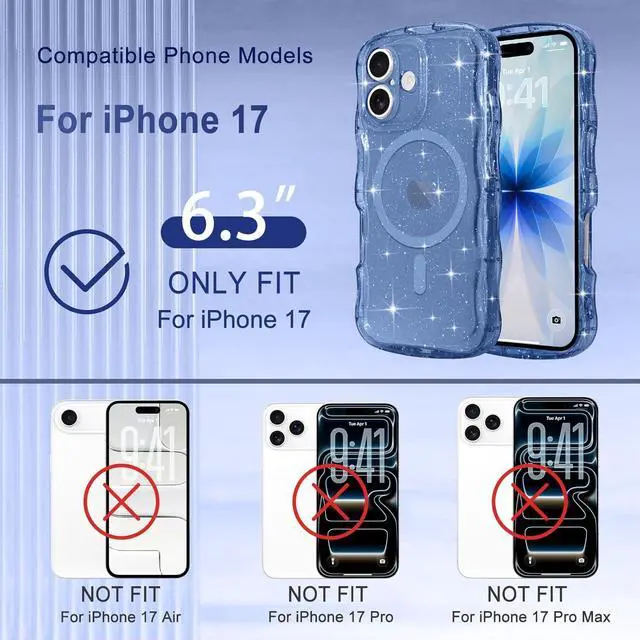 Alt view image 2 of 7 - Magnetic for iPhone 17 Case Clear Sparkly Bling Glitter Cute Curly Wave Transparent Cover for Women Girls Compatible with MagSafe TPU Shockproof Protective Phone Case for iPhone 17 Deep Blue