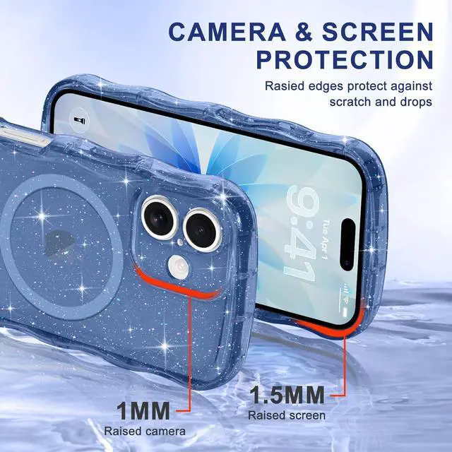 Alt view image 5 of 7 - Magnetic for iPhone 17 Case Clear Sparkly Bling Glitter Cute Curly Wave Transparent Cover for Women Girls Compatible with MagSafe TPU Shockproof Protective Phone Case for iPhone 17 Deep Blue