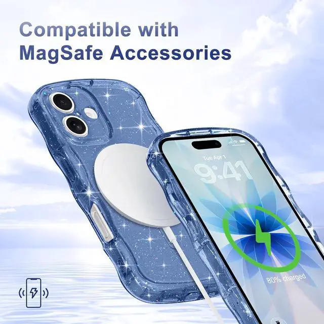 Alt view image 6 of 7 - Magnetic for iPhone 17 Case Clear Sparkly Bling Glitter Cute Curly Wave Transparent Cover for Women Girls Compatible with MagSafe TPU Shockproof Protective Phone Case for iPhone 17 Deep Blue