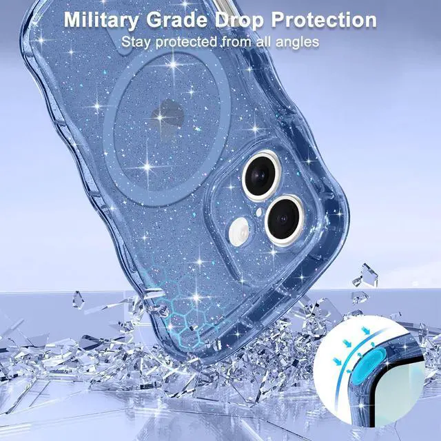 Alt view image 4 of 7 - Magnetic for iPhone 17 Case Clear Sparkly Bling Glitter Cute Curly Wave Transparent Cover for Women Girls Compatible with MagSafe TPU Shockproof Protective Phone Case for iPhone 17 Deep Blue