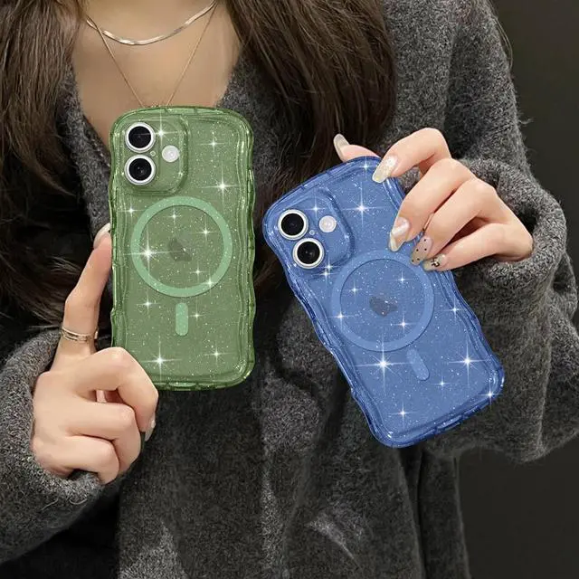 Alt view image 7 of 7 - Magnetic for iPhone 17 Case Clear Sparkly Bling Glitter Cute Curly Wave Transparent Cover for Women Girls Compatible with MagSafe TPU Shockproof Protective Phone Case for iPhone 17 Deep Blue