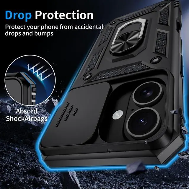 Alt view image 3 of 6 - for iPhone 16 Case with 2X HD Screen Protector & Slide Camera Cover & Rotated Ring Kickstand [Military-Grade] Rugged Heavy Duty Protective Phone Case for iPhone 16 6.1 inch Black