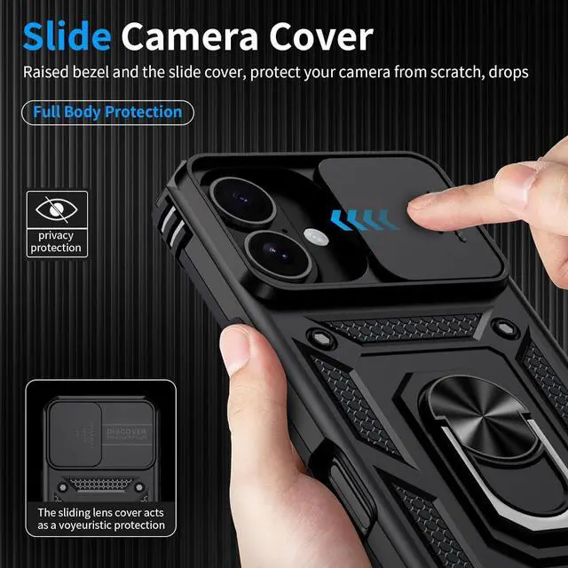 Alt view image 4 of 6 - for iPhone 16 Case with 2X HD Screen Protector & Slide Camera Cover & Rotated Ring Kickstand [Military-Grade] Rugged Heavy Duty Protective Phone Case for iPhone 16 6.1 inch Black