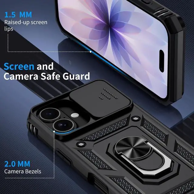 Alt view image 7 of 7 - for iPhone 17 Case with HD Screen Protector & Slide Camera Cover & Rotated Ring Kickstand [Military-Grade] Rugged Heavy Duty Protective Phone Case for iPhone 17 6.3 inch Black