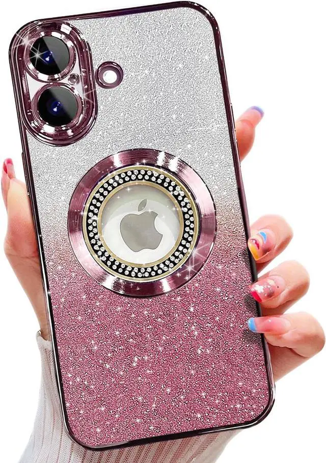 Main image of for iPhone 17 Magnetic Glitter Case Compatible with MagSafe Full Protection Slim Shockproof Anti-Scratch Case with Camera Lens Protector Plating Bling Dust-Proof Net for Women Pink