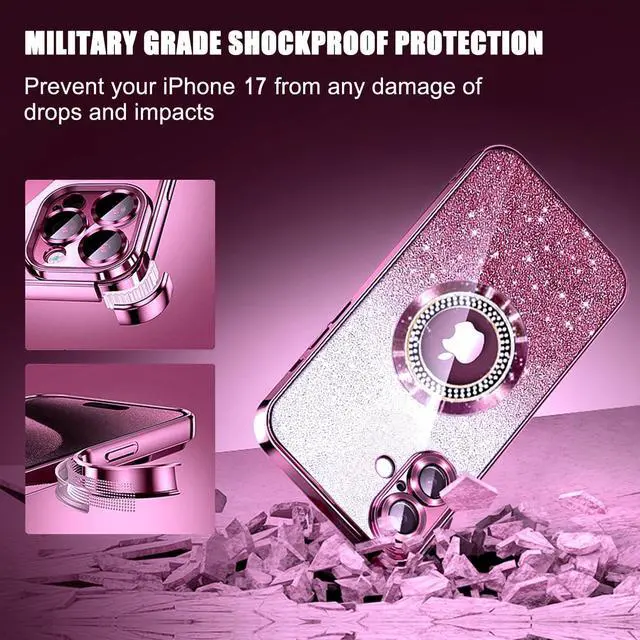 Alt view image 5 of 7 - for iPhone 17 Magnetic Glitter Case Compatible with MagSafe Full Protection Slim Shockproof Anti-Scratch Case with Camera Lens Protector Plating Bling Dust-Proof Net for Women Pink