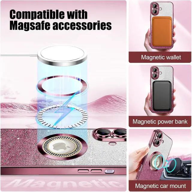 Alt view image 4 of 7 - for iPhone 17 Magnetic Glitter Case Compatible with MagSafe Full Protection Slim Shockproof Anti-Scratch Case with Camera Lens Protector Plating Bling Dust-Proof Net for Women Pink