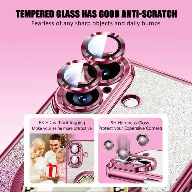 Alt view image 6 of 7 - for iPhone 17 Magnetic Glitter Case Compatible with MagSafe Full Protection Slim Shockproof Anti-Scratch Case with Camera Lens Protector Plating Bling Dust-Proof Net for Women Pink