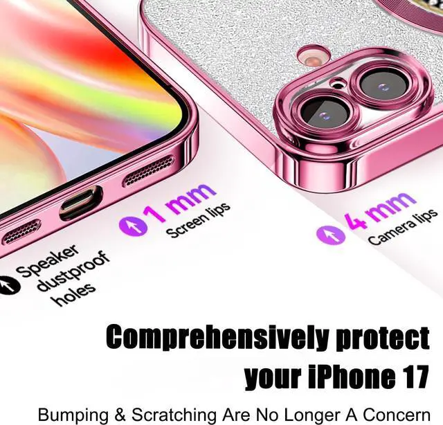 Alt view image 7 of 7 - for iPhone 17 Magnetic Glitter Case Compatible with MagSafe Full Protection Slim Shockproof Anti-Scratch Case with Camera Lens Protector Plating Bling Dust-Proof Net for Women Pink