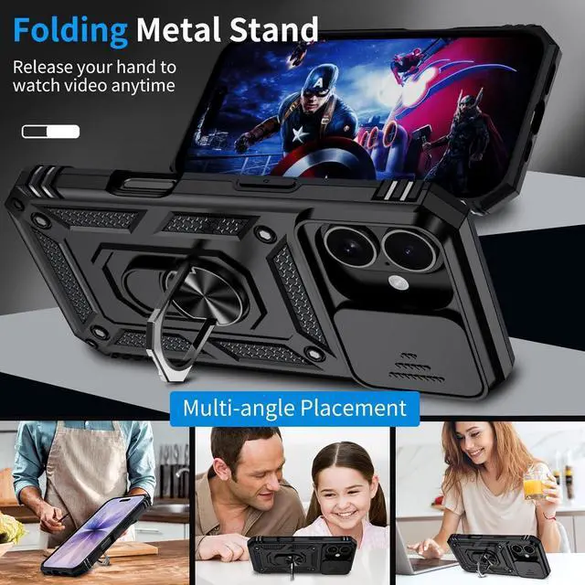 Alt view image 3 of 7 - for iPhone 17 Case with HD Screen Protector & Slide Camera Cover & Rotated Ring Kickstand [Military-Grade] Rugged Heavy Duty Protective Phone Case for iPhone 17 6.3 inch Black