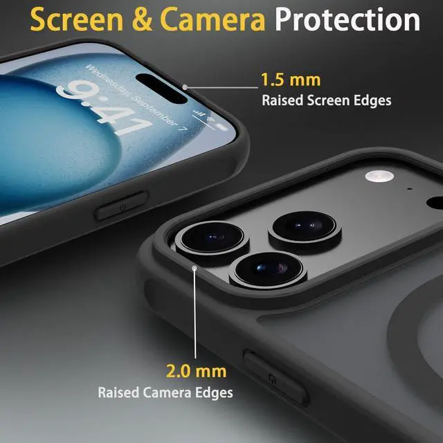 Alt view image 2 of 7 - Magnetic for iPhone 17 Pro Max Case with 1 Screen Protector [Mil-Grade Drop Protection] [Compatible with Magsafe] Shockproof Slim Translucent Matte Protective Phone Case Black