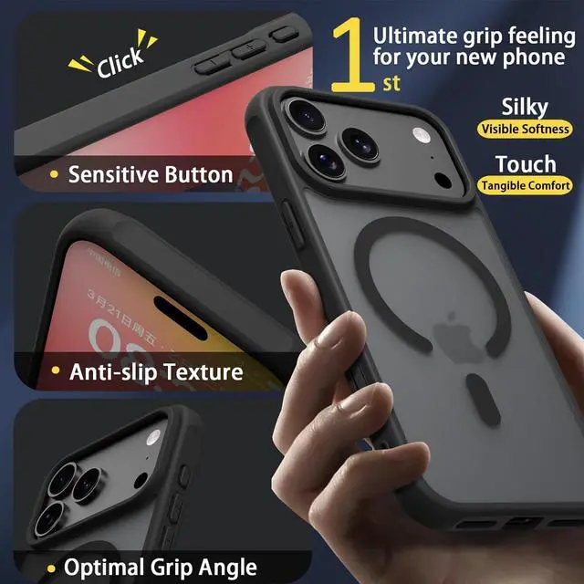 Alt view image 3 of 7 - Magnetic for iPhone 17 Pro Max Case with 1 Screen Protector [Mil-Grade Drop Protection] [Compatible with Magsafe] Shockproof Slim Translucent Matte Protective Phone Case Black