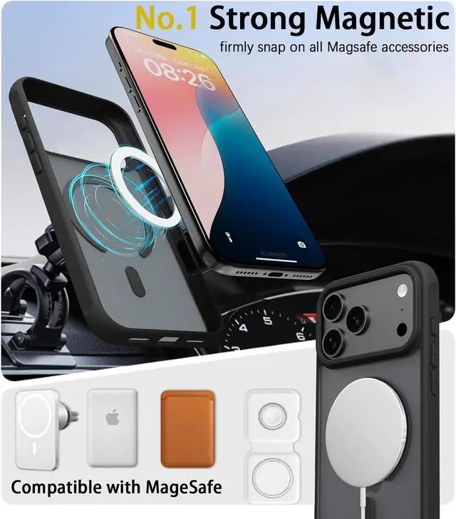 Alt view image 6 of 7 - Magnetic for iPhone 17 Pro Max Case with 1 Screen Protector [Mil-Grade Drop Protection] [Compatible with Magsafe] Shockproof Slim Translucent Matte Protective Phone Case Black