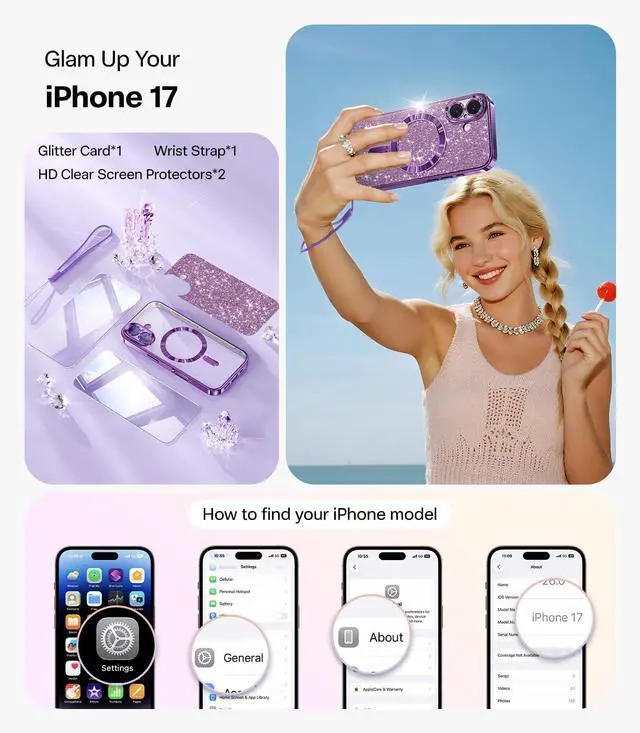 Alt view image 2 of 7 - Designed for iPhone 17 Case 6.3 [Glitter Card & Wrist Strap] [Compatible with MagSafe] [2X HD Screen Protectors] Surround Raised Lens Protection for iPhone 17 Case 6.3 Inch Purple