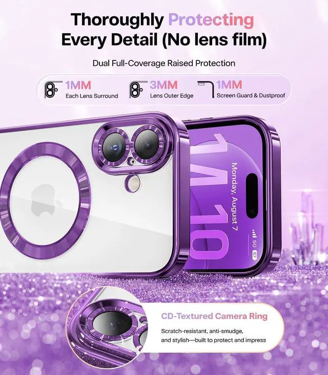 Alt view image 5 of 7 - Designed for iPhone 17 Case 6.3 [Glitter Card & Wrist Strap] [Compatible with MagSafe] [2X HD Screen Protectors] Surround Raised Lens Protection for iPhone 17 Case 6.3 Inch Purple