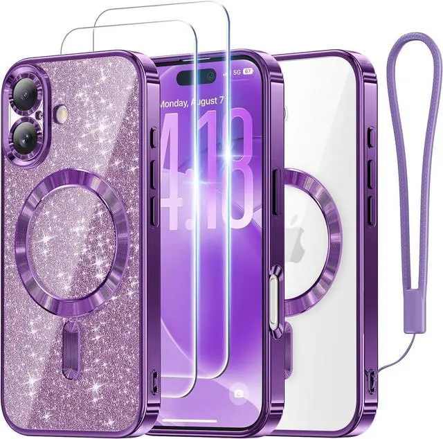 Main image of Designed for iPhone 17 Case 6.3 [Glitter Card & Wrist Strap] [Compatible with MagSafe] [2X HD Screen Protectors] Surround Raised Lens Protection for iPhone 17 Case 6.3 Inch Purple