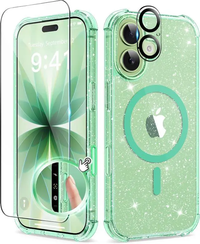 Main image of for iPhone 17 Case for Women Compatible with MagSafe Clear Glitter Shockproof Protective Case Anti-Yellowing with Screen Protector & Camera Lens Protector 6.3 Sparkle Green