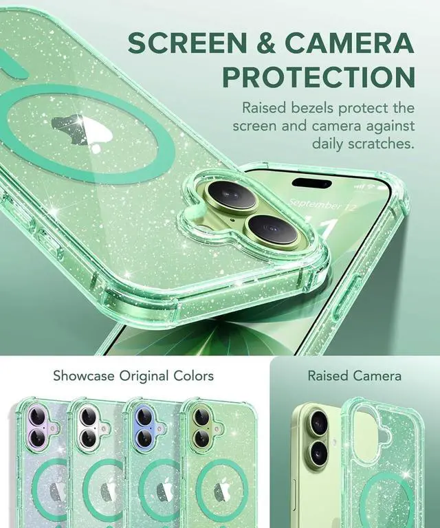 Alt view image 2 of 7 - for iPhone 17 Case for Women Compatible with MagSafe Clear Glitter Shockproof Protective Case Anti-Yellowing with Screen Protector & Camera Lens Protector 6.3 Sparkle Green