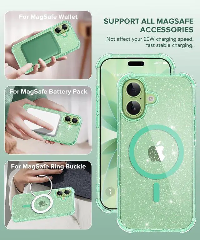 Alt view image 3 of 7 - for iPhone 17 Case for Women Compatible with MagSafe Clear Glitter Shockproof Protective Case Anti-Yellowing with Screen Protector & Camera Lens Protector 6.3 Sparkle Green