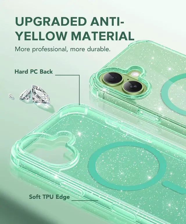 Alt view image 4 of 7 - for iPhone 17 Case for Women Compatible with MagSafe Clear Glitter Shockproof Protective Case Anti-Yellowing with Screen Protector & Camera Lens Protector 6.3 Sparkle Green