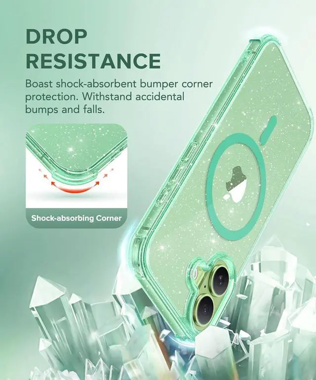 Alt view image 5 of 7 - for iPhone 17 Case for Women Compatible with MagSafe Clear Glitter Shockproof Protective Case Anti-Yellowing with Screen Protector & Camera Lens Protector 6.3 Sparkle Green