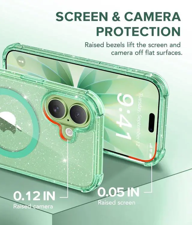 Alt view image 7 of 7 - for iPhone 17 Case for Women Compatible with MagSafe Clear Glitter Shockproof Protective Case Anti-Yellowing with Screen Protector & Camera Lens Protector 6.3 Sparkle Green