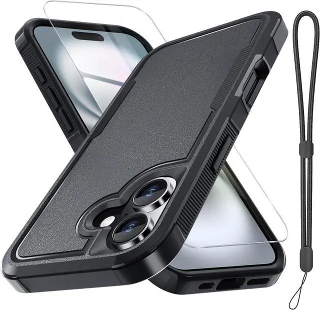 Main image of Case for iPhone 17 Phone Cover with Screen Protector Military Grade Heavy Duty Shockproof PhoneCase with Wrist Lanyard Strap 2025 Black Matte