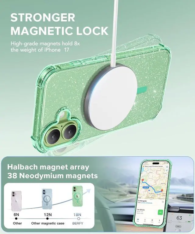 Alt view image 6 of 7 - for iPhone 17 Case for Women Compatible with MagSafe Clear Glitter Shockproof Protective Case Anti-Yellowing with Screen Protector & Camera Lens Protector 6.3 Sparkle Green