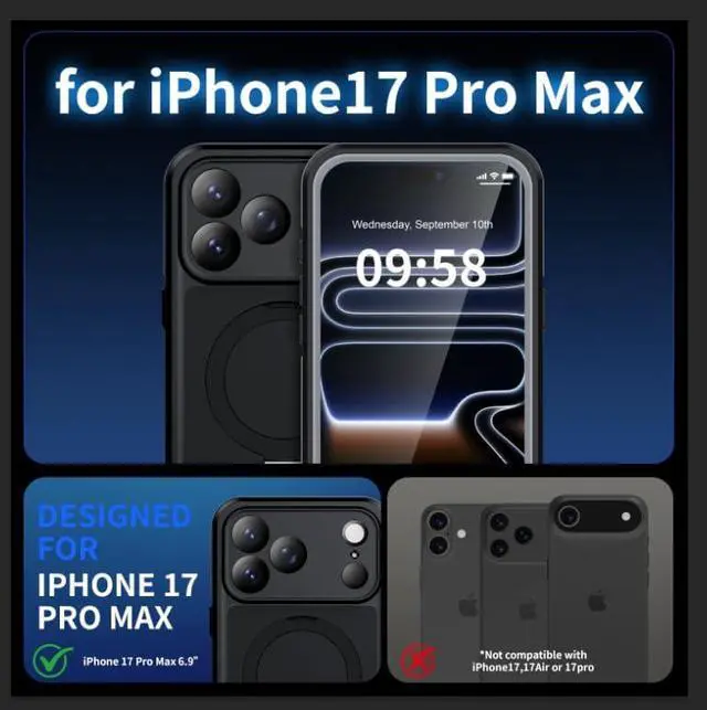 Alt view image 2 of 7 - Magnetic for iPhone 17 Pro Max Case Waterproof Built in Screen Protector [Compatible with MagSafe] [Invisible Stand] [IP68 Underwater] Full Body Protection Phone Case 6.9 Black