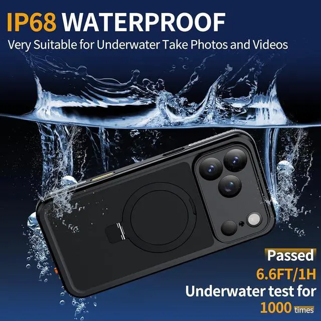 Alt view image 3 of 7 - Magnetic for iPhone 17 Pro Max Case Waterproof Built in Screen Protector [Compatible with MagSafe] [Invisible Stand] [IP68 Underwater] Full Body Protection Phone Case 6.9 Black