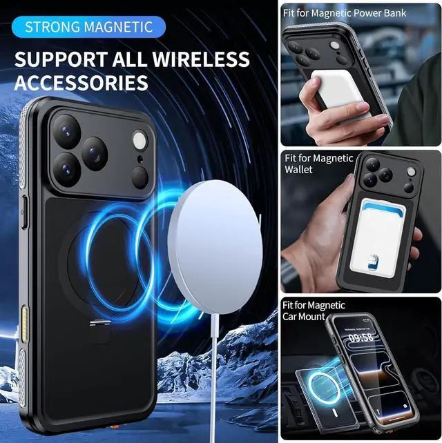 Alt view image 4 of 7 - Magnetic for iPhone 17 Pro Max Case Waterproof Built in Screen Protector [Compatible with MagSafe] [Invisible Stand] [IP68 Underwater] Full Body Protection Phone Case 6.9 Black