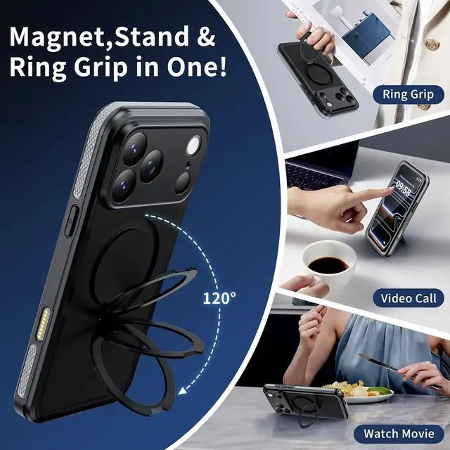 Alt view image 5 of 7 - Magnetic for iPhone 17 Pro Max Case Waterproof Built in Screen Protector [Compatible with MagSafe] [Invisible Stand] [IP68 Underwater] Full Body Protection Phone Case 6.9 Black