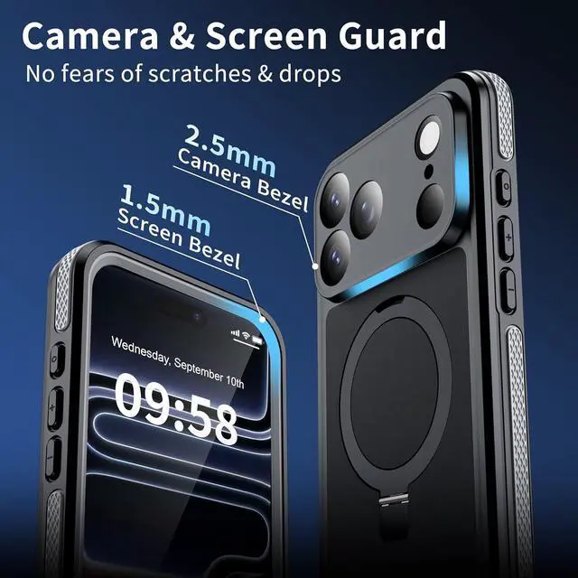 Alt view image 6 of 7 - Magnetic for iPhone 17 Pro Max Case Waterproof Built in Screen Protector [Compatible with MagSafe] [Invisible Stand] [IP68 Underwater] Full Body Protection Phone Case 6.9 Black