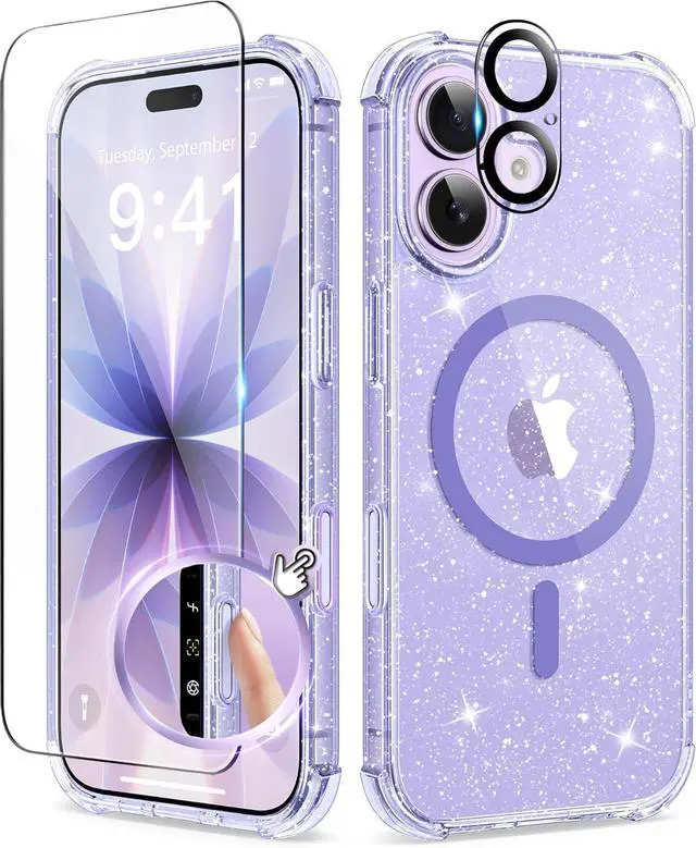 Main image of for iPhone 17 Case for Women Compatible with MagSafe Clear Glitter Shockproof Protective Case Anti-Yellowing with Screen Protector & Camera Lens Protector 6.3 Sparkle Purple