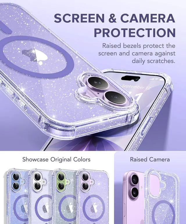 Alt view image 2 of 7 - for iPhone 17 Case for Women Compatible with MagSafe Clear Glitter Shockproof Protective Case Anti-Yellowing with Screen Protector & Camera Lens Protector 6.3 Sparkle Purple