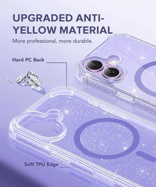 Alt view image 4 of 7 - for iPhone 17 Case for Women Compatible with MagSafe Clear Glitter Shockproof Protective Case Anti-Yellowing with Screen Protector & Camera Lens Protector 6.3 Sparkle Purple