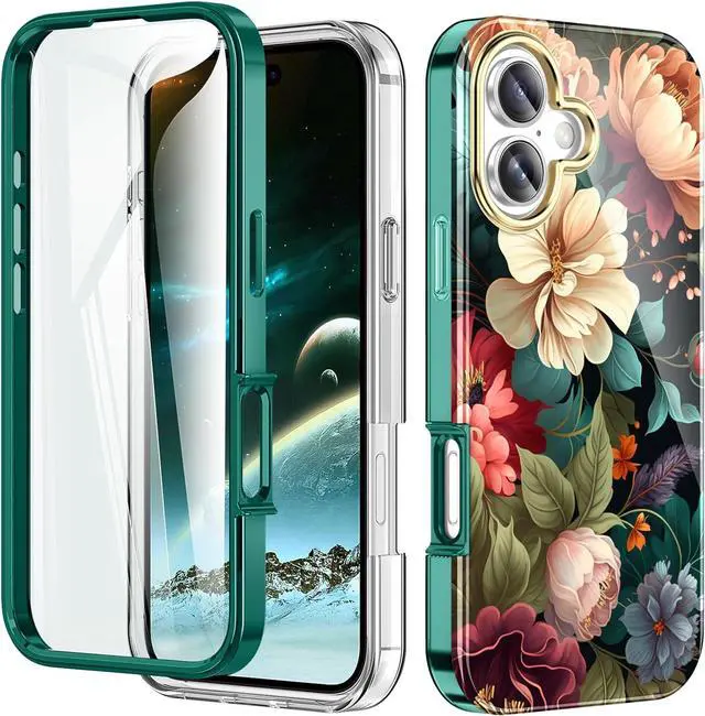 Main image of Cute Flower Case for iPhone 17 6.3 inch Built with Screen tector Lightweight and Stylish Full Body Shockof tective Rugged TPU Case for Women/Girls-Black Flower