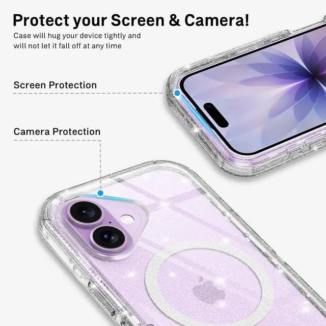 Alt view image 4 of 7 - for iPhone 17 Case Clear [Non Yellowing] [Compatible with MagSafe] Shockproof 3-Layer Full Body Protection Rugged Heavy Duty Cover Case for  iPhone 17 6.3 Clear Glitter