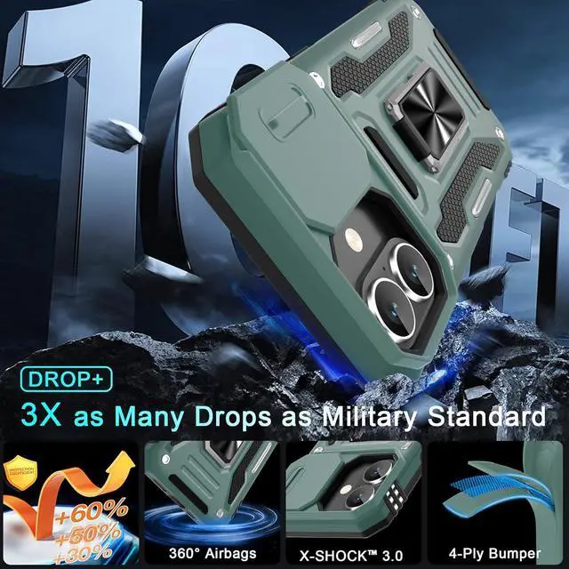 Alt view image 3 of 7 - Case for iPhone 17 6.3-Inch with Slide Camera Cover + Screen Protector (2 Packs) Rotated Ring Kickstand Military Grade Shockproof Protective Cover-Green