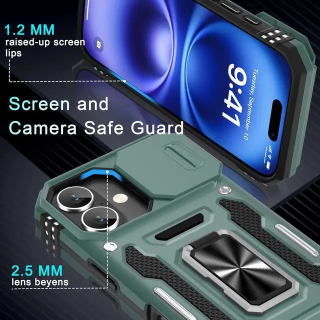 Alt view image 5 of 7 - Case for iPhone 17 6.3-Inch with Slide Camera Cover + Screen Protector (2 Packs) Rotated Ring Kickstand Military Grade Shockproof Protective Cover-Green