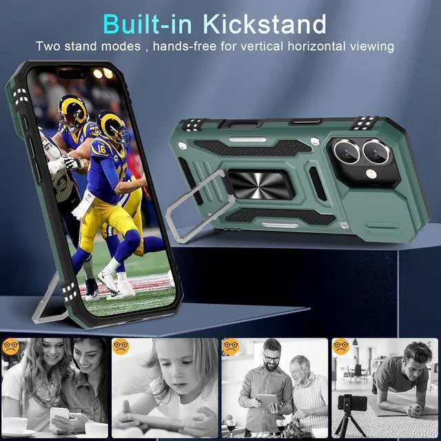 Alt view image 4 of 7 - Case for iPhone 17 6.3-Inch with Slide Camera Cover + Screen Protector (2 Packs) Rotated Ring Kickstand Military Grade Shockproof Protective Cover-Green