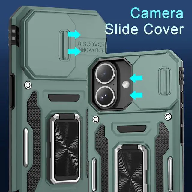 Alt view image 2 of 7 - Case for iPhone 17 6.3-Inch with Slide Camera Cover + Screen Protector (2 Packs) Rotated Ring Kickstand Military Grade Shockproof Protective Cover-Green