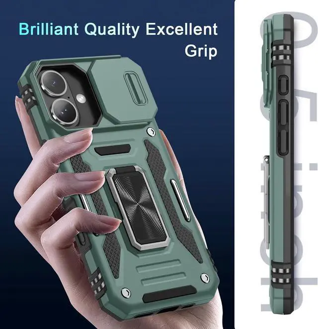 Alt view image 7 of 7 - Case for iPhone 17 6.3-Inch with Slide Camera Cover + Screen Protector (2 Packs) Rotated Ring Kickstand Military Grade Shockproof Protective Cover-Green