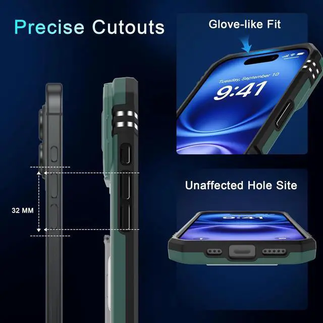 Alt view image 6 of 7 - Case for iPhone 17 6.3-Inch with Slide Camera Cover + Screen Protector (2 Packs) Rotated Ring Kickstand Military Grade Shockproof Protective Cover-Green