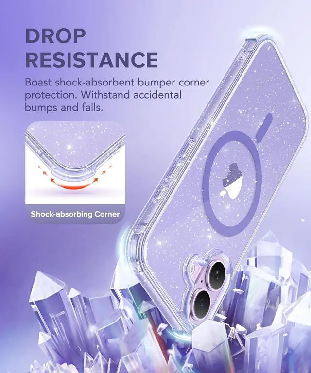 Alt view image 6 of 7 - for iPhone 17 Case for Women Compatible with MagSafe Clear Glitter Shockproof Protective Case Anti-Yellowing with Screen Protector & Camera Lens Protector 6.3 Sparkle Purple
