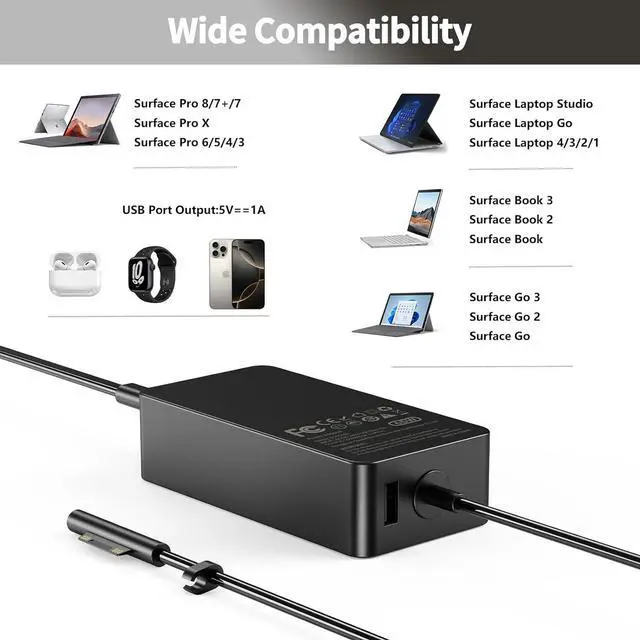 Alt view image 5 of 6 - 65W Laptop Charger Replacement for Microsoft Surface Pro 3 Pro 4 Pro 5 Pro 6 Pro 7 Pro X Surface Laptop 4, 3, 2, 1, Surface Book Windows 44W 36W 24W Power Adapter Cord