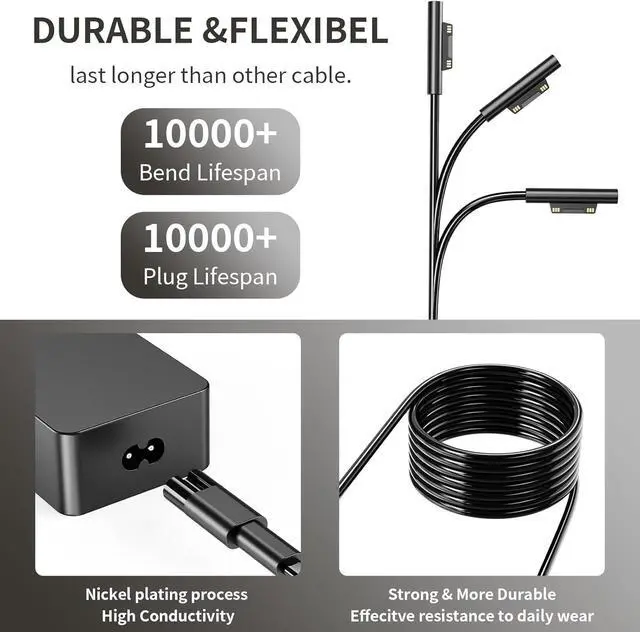 Alt view image 4 of 6 - 65W Laptop Charger Replacement for Microsoft Surface Pro 3 Pro 4 Pro 5 Pro 6 Pro 7 Pro X Surface Laptop 4, 3, 2, 1, Surface Book Windows 44W 36W 24W Power Adapter Cord