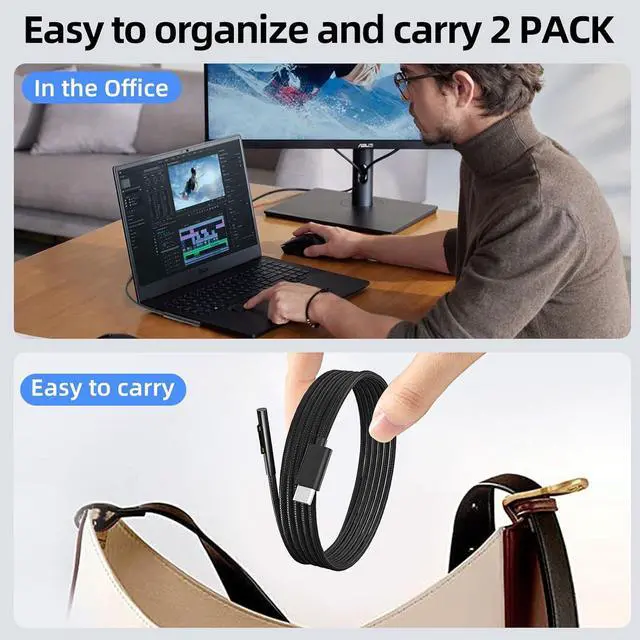 Alt view image 5 of 7 - P45W 15V 3A Compatible with  Surface Pro 3/5/6/7Go3/2/1 Laptop 4/3/2/1 Type-C to Surface Nylon Braided Cable Power Supply USB-C Charger Cable - 2-Pack Black 6.6ft