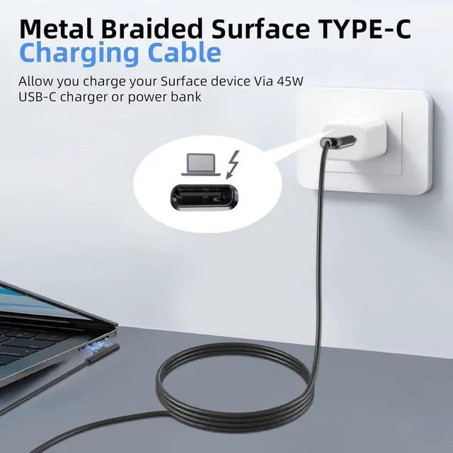 Alt view image 7 of 7 - P45W 15V 3A Compatible with  Surface Pro 3/5/6/7Go3/2/1 Laptop 4/3/2/1 Type-C to Surface Nylon Braided Cable Power Supply USB-C Charger Cable - 2-Pack Black 6.6ft